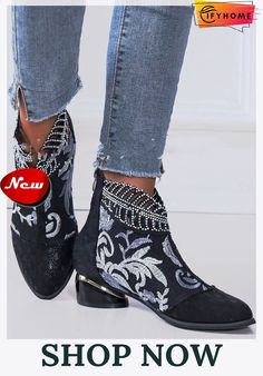 Retro Ethnic Embroidered Rhinestone Chunky Heel Zipper Boots Shoe Hacks, Womens Rubber Boots, Buy Boots, Shoes Hack, Zipper Boots, Rubber Boots, Make A Difference, Chunky Heel, Dress With Boots