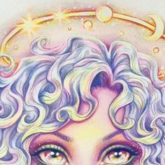 a drawing of a woman's face with curly hair and stars above her head