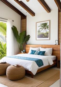 a bedroom with a bed and two stools in front of a window that has palm trees on it