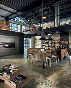 an industrial style kitchen with stainless steel appliances