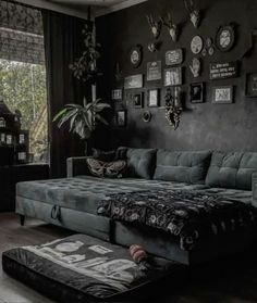 a living room with black walls and pictures on the wall above the couches is decorated with deer heads