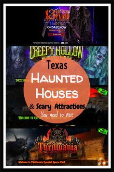 the texas house and scary attractions are featured in this postcard for an upcoming halloween attraction