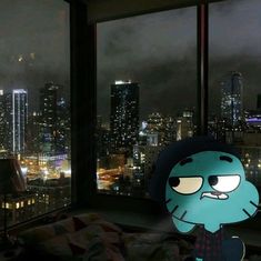 a cartoon character standing in front of a window with the city lights lit up behind it