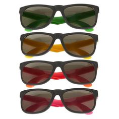 three pairs of sunglasses with different colors on them