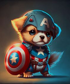 a small dog dressed as captain america holding a shield