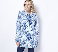 Keep warm in this collared button-front jacket that makes sure your style remains chic even when you layer up. From Dennis Basso. Dennis Basso, Jacquard Knit, Keep Warm, Coats Jackets, Knitting, Women's Top, Blue