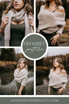 the crochet pattern is shown in four different pictures, including a woman wearing a sweater