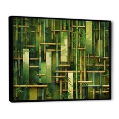 an abstract painting with bamboo sticks and leaves on the wall in front of white background