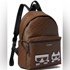 Mew Karl Lagerfeld Brown Backpack Large 15x15x5.5 Modern Logo Backpack, Designer Logo Standard Backpack, Luxury School Bags With Logo, Brown Backpack With Logo For Everyday Use, Everyday Brown Backpack With Logo, Daily Coated Canvas Backpack With Logo, Brown Logo Backpack For Travel, Daily Use Coated Canvas Backpack With Logo, Travel Backpack In Coated Canvas With Logo