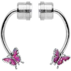 Pink Butterfly Ends Non Pierced Magnetic Clip On Septum Ring If you like the look but aren't ready to commit yet, this butterfly-themed faux septum jewelry is perfect for you! It features a pair of magnets to hold it securely in place without the need of a trip to the piercer. It features a pair of butterfly shaped ends, with pink embellishment for some added color and style. Try out a new look before you commit with this magnetic faux septum jewelry!Specifications9/16" (14mm), 316L Surgical Gra Adjustable Butterfly Jewelry Nickel Free, Adjustable Butterfly-shaped Nickel-free Jewelry, Adjustable Nickel-free Butterfly Jewelry, Pink Metal Jewelry With Butterfly Charm, Adjustable Pink Butterfly Jewelry, Adjustable Pink Body Jewelry For Gift, Pink Nickel-free Stainless Steel Jewelry, Nickel-free Pink Stainless Steel Jewelry, Magnetic Piercings