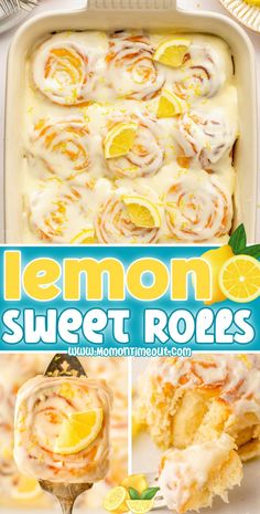 lemon sweet rolls in a white baking dish