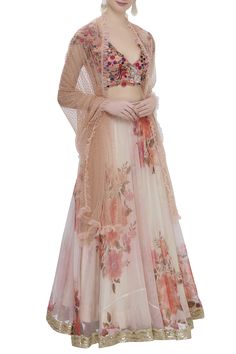 Floral printed beige lehenga with embroidered onion pink blouse. Comes with sheer dupatta.
Components:3
Blouse: bead and thread floral motif embroidery
Lehenga: floral print and sequin embroidered border
Dupatta: frills and all over embellishment
Neckline:Plunging 
Sleeve Length:Cap sleeve
Fabric:Organza, Dhupion Silk, Net
Color:Beige, Peach, Pink
Frill detail in dupatta
Closure:
Lehenga: Side zipper,hook
Blouse: Side zipper - Aza Fashions Printed Lehenga, Indian Fashion Trends, Wedding Lehengas, Designer Lehenga, Chaniya Choli, Indian Fashion Designers, Simple Fashion, Indian Designer, Designer Gowns