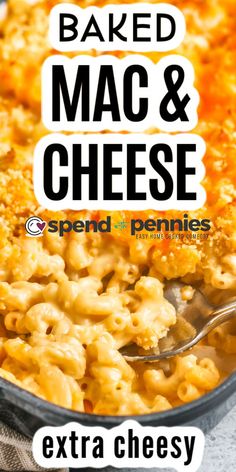 baked mac and cheese with text overlay