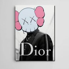 a poster with the word dior on it and a cartoon character wearing pink hair