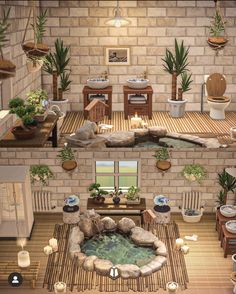 an aerial view of a living room and dining area with potted plants on the wall