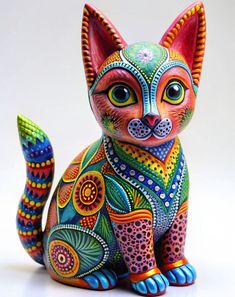 a colorful cat figurine sitting on top of a table