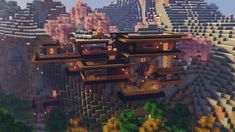 Japanese Mountain House Minecraft, Terraria Mansion, Minecraft Sakura House Ideas, Minecraft Crater, Minecraft Buildings Houses, Minecraft Big Base, Mountain Base Minecraft, Minecraft Mountain House Ideas, Minecraft Sakura House