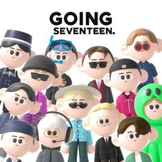 an animated group of people wearing hats and sunglasses with the words going seventeen