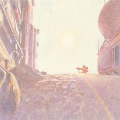 a drawing of a teddy bear sitting on the side of a road next to buildings