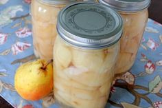 three jars filled with food sitting on top of a blue and white table cloth next to an apple