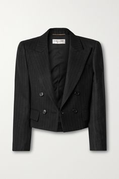 When it comes to quality, SAINT LAURENT never cuts corners - this blazer is tailored with exacting attention to fit, fabric and detail. It's made from pinstriped wool and cotton-blend twill and has structured, padded shoulders. The slightly cropped hem will sit well over high-rise pants and jeans. Ysl Blazer, Summer Style Guide, Crop Blazer, Sports Suit, Work Clothes, Work Attire, Clothes Collection, Black Blazers, Mr Porter