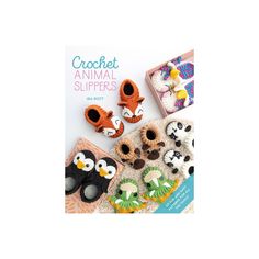 crochet animal slippers are displayed in front of an open box with other items