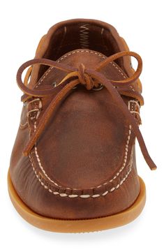 This comfort-focused boat shoe is outfitted with a foam-cushioned footbed lined in breathable leather. Lace-up style Cushioned footbed with arch support Leather upper and lining/synthetic sole Handmade in the USA Comfortable Boat Shoes With Cushioned Footbed, Casual Boat Shoes With Ortholite Insole And Moc Toe, Brown Leather Boat Shoes For Boating, Brown Leather Footbed Boat Shoes, Leather Boat Shoes With Round Toe, Brown Lace-up Boat Shoes For Outdoor, Leather Footbed Boat Shoes With Round Toe, Leather Moc Toe Boat Shoes With Cushioned Footbed, Leather Plain Toe Boat Shoes For Outdoor