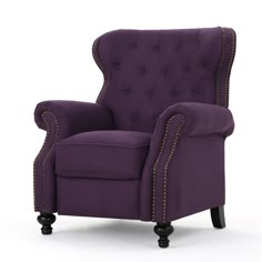 a purple chair with studding on the arms