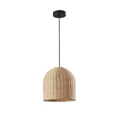 a rattan light hanging from a ceiling fixture with a black metal frame and wooden accents