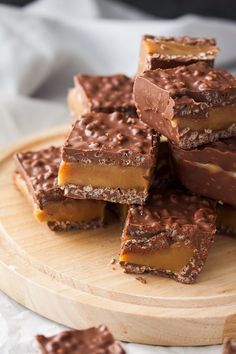 chocolate and caramel squares stacked on top of each other