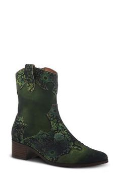 Intricate floral patterns blossom on a Western-inspired bootie complete with rainbow-hued contrast stitching and a cushy, arch-supporting insole. 1 1/2" heel 8" shaft Removable, cushioned insole with arch support Leather upper/synthetic and textile lining/rubber sole Imported L'artiste By Spring Step, Contrast Stitch, Floral Patterns, Boot Shoes Women, Arch Support, Bootie, Rubber Sole, Floral Pattern, Leather Upper