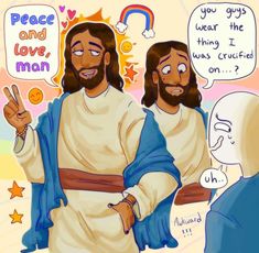 two jesuss giving peace and love to each other with speech bubbles in the background