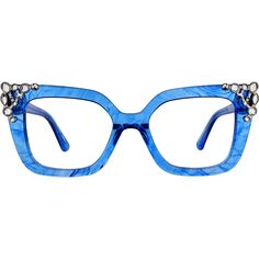 Who doesn't love a little wow factor? These blingy jewel-toned cat-eye glasses are part of the ultra-luxe Iris Apfel x Zenni Collection designed by fashion icon Iris Apfel. The exaggerated eyeglasses shape with rhinestone accents is made from our highest quality acetate which is hand-polished for an amazing shine. For added comfort and durability the eyeglasses is fitted with spring hinges and has wider temple arms. For an even bigger statement pair them with the Unbroken Chain eyewear chain. | Zenni Women's Cat-Eye Prescription Eyeglasses Blue Plastic Eyeglasses Frames For Women Zenni, Square Glasses Women Zenni, Iris Apfel Glasses Eyewear, Best Color Glasses For White Hair, Cat Eye Glasses Frames Prescription Zenni, Prescription Glasses For Women Zenni, The Unbroken, Everyday Glasses, Eyewear Chain