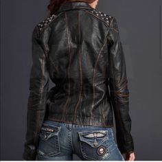 Black Premium By Affliction Billie 100% Leather Jacket . This Item Is New Without Tags, Distressed Leather Look With Silver Studs Detailing The Shoulders, Fully Lined. Jacket Measured While Lying Flat; 17 Inches From Armpit To Armpit. 23 Inches In Length From Shoulder To Hem. 15 Inches On The Waist And Sleeves Are 25 Inches In Length. Black Leather Jacket With Rivets, Casual Leather Jacket With Rivets For Winter, Casual Winter Leather Jacket With Rivets, Fitted Outerwear With Rivets For Biker Events, Fitted Black Leather Jacket With Rivets, Grunge Long Sleeve Leather Jacket For Biker Events, Distressed Leather Jacket For Fall Streetwear, Distressed Leather Jacket For Streetwear In Fall, Distressed Black Punk Outerwear