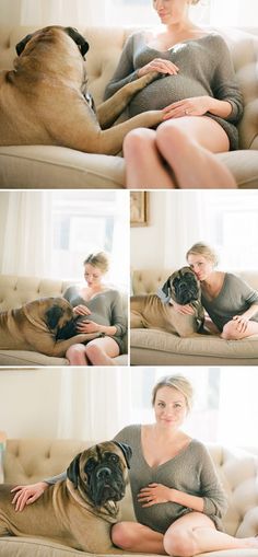 a woman sitting on top of a couch next to a large brown pug dog