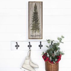 a pair of ice skates sitting next to a potted plant on a wall