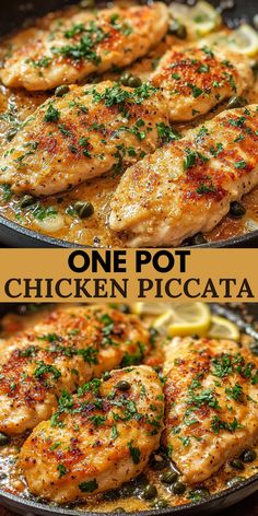 one pot chicken piccata in a skillet with lemons and parsley