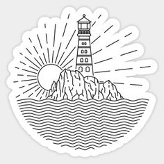 a black and white drawing of a lighthouse on top of an island in the ocean