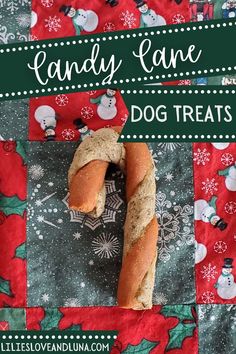 candy cane dog treats on a christmas quilt