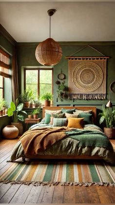 a bedroom with green walls and wooden floors