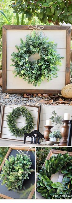 the steps to make a boxwood wreath are shown in three different pictures, including one with