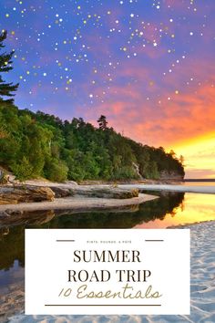 the sun setting over a beach with stars in the sky and text that reads, stunning midwest road trips you'll adore