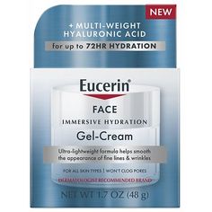 Eucerin Face Immersive Hydration Gel Cream hydrates throughout the skin's surface layers for up to 72 hours with an ultra lightweight formula. Enriched with Multi-weight Hyaluronic Acid, the clinically proven moisturizing cream formula combines two sizes of hyaluronic acid. With macro-sized molecules, this hydrating face moisturizer intensively hydrates the skin's surface, while with 40x smaller(1) micro molecules, it hydrates throughout the skin's upper surface layers, helping to improve the Hydrating Face Moisturizer, Moisturizer Face, Dermatologist Recommended Skincare, Facial Moisturizers, Face Hydration, Moisturizing Cream, Dermatologist Recommended, Daily Moisturizer, Gel Cream