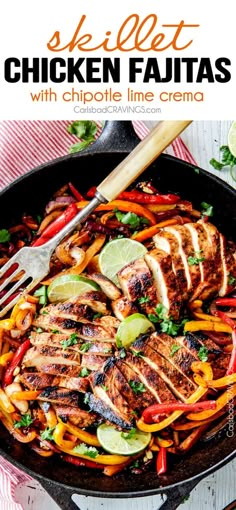 chicken fajitas with peppers and limes in a skillet