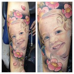 Adorable Realistic Colour Child Portrait Cherry Blossom Tattoo in Tattoo Kids, Tattoos And Meanings, Eternity Symbol, Portrait Tattoos, Cool Tattoo, Child Portrait, Facial Tattoos, Skeleton Hand Tattoo, Realistic Tattoo