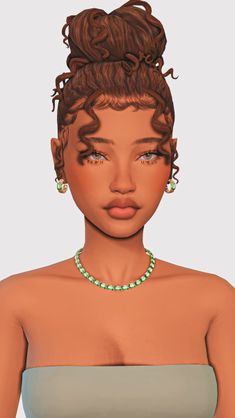 an animated woman wearing a green necklace and dress with curly hair in her buns