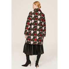 Black floral jacquard (100% Polyester). Coat. Long sleeves. Collar. Front button closure. 36" from shoulder to hemline. Imported. Black Jacquard Outerwear For Fall, Fitted Jacquard Outerwear For Fall, Fitted Jacquard Outerwear For Spring, Fall Jacquard Outerwear With Long Sleeves, Long Sleeve Jacquard Outerwear For Fall, Chic Floral Print Outerwear For Work, Chic Fall Jacquard Outerwear, Chic Jacquard Long Sleeve Outerwear, Chic Jacquard Outerwear For Fall