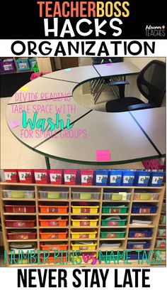 the teacher boss's organization is organized with colorful bins