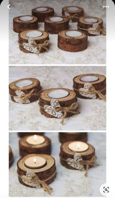 several pictures of wooden candles with ribbons on them