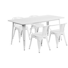 the table and chairs are all white, but one chair is not in position to sit